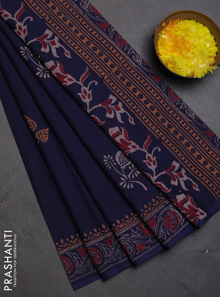 Cotton block printed saree navy blue with butta prints and printed border