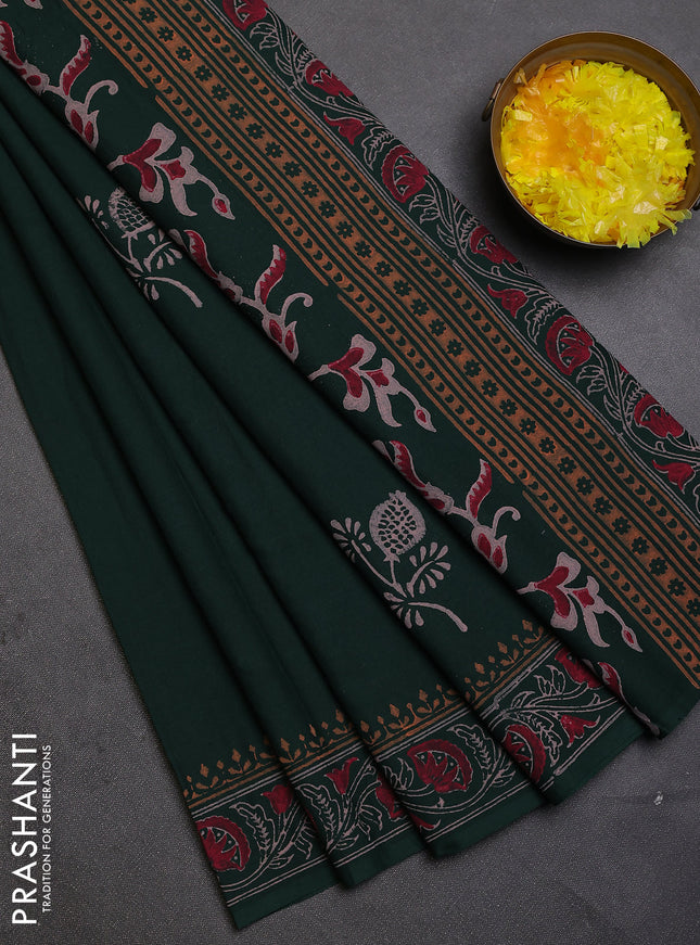 Cotton block printed saree bottle green with butta prints and printed border