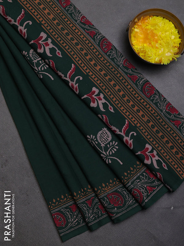 Cotton block printed saree bottle green with butta prints and printed border