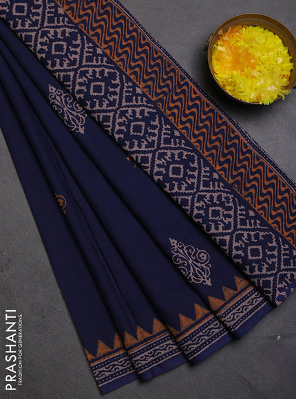 Cotton block printed saree navy blue with butta prints and printed border