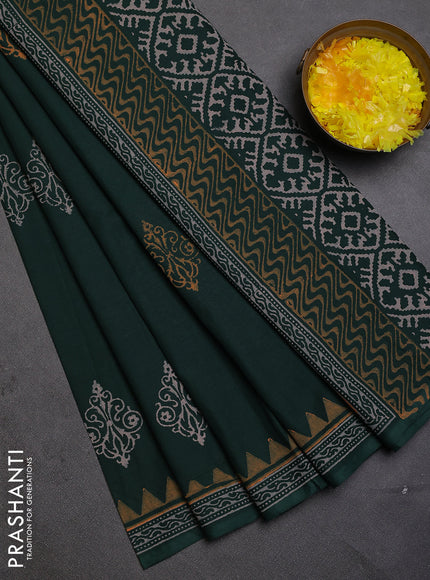 Cotton block printed saree bottle green with butta prints and printed border