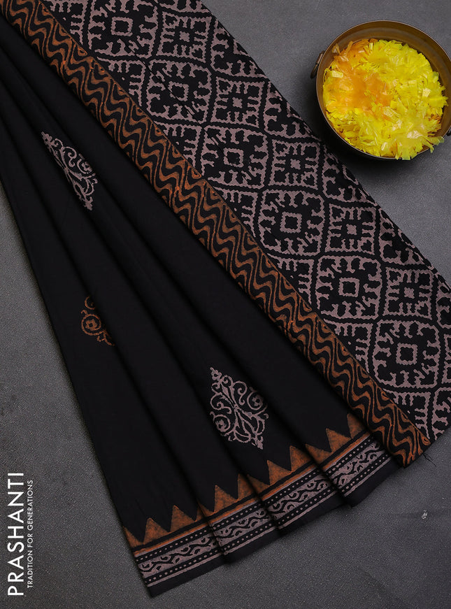 Cotton block printed saree black with butta prints and printed border