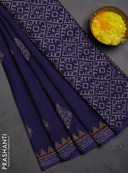 Cotton block printed saree navy blue with butta prints and printed border