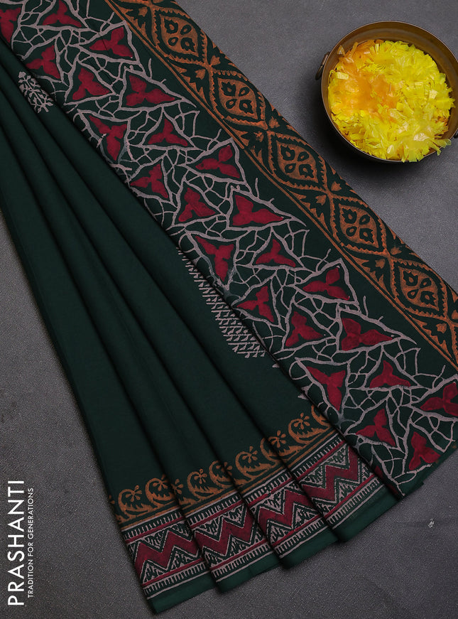 Cotton block printed saree bottle green with butta prints and printed border