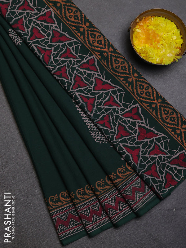 Cotton block printed saree bottle green with butta prints and printed border
