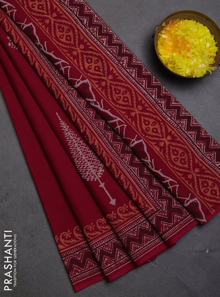 Cotton block printed saree maroon with butta prints and printed border
