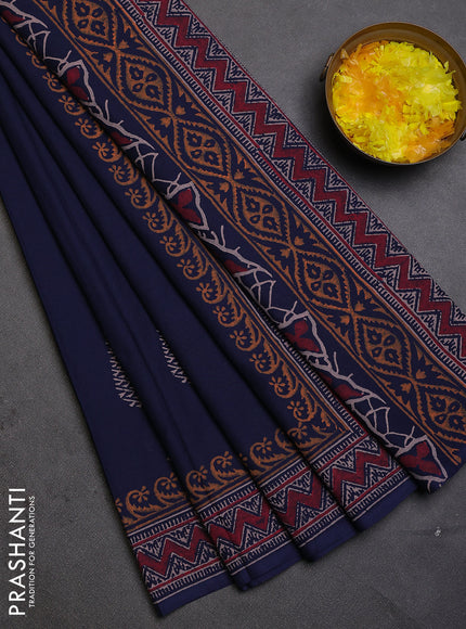 Cotton block printed saree navy blue with butta prints and printed border