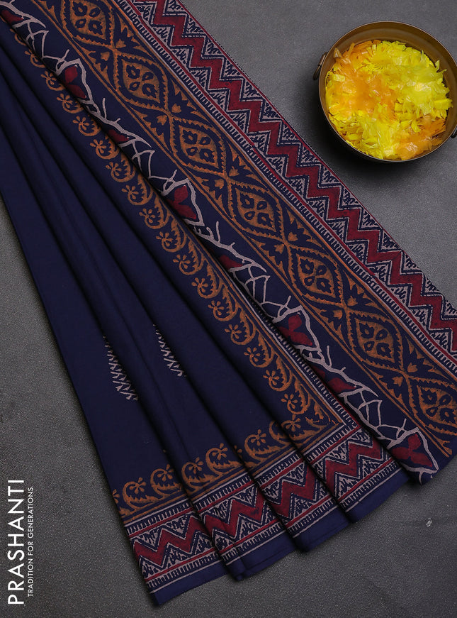 Cotton block printed saree navy blue with butta prints and printed border