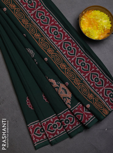 Cotton block printed saree bottle green with butta prints and printed border