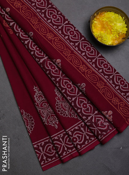 Cotton block printed saree maroon with butta prints and printed border