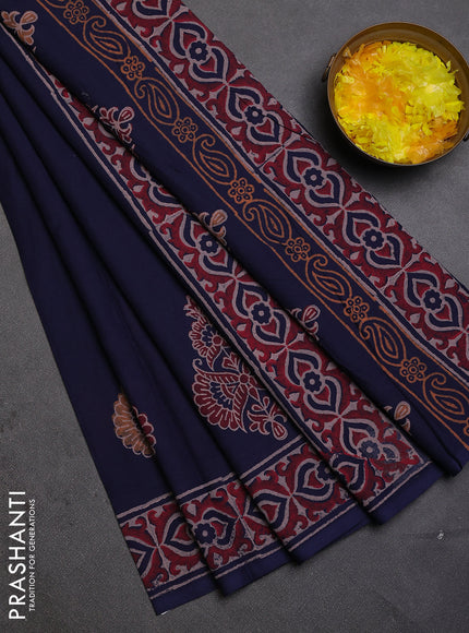 Cotton block printed saree navy blue with butta prints and printed border