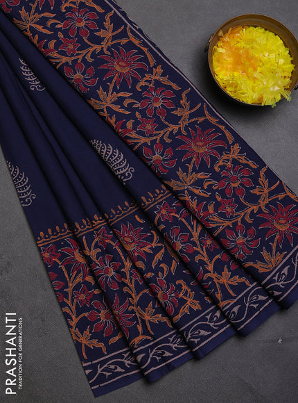 Cotton block printed saree navy blue with butta prints and printed border