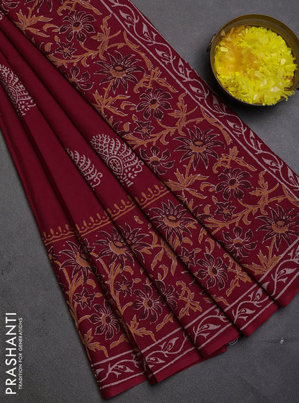 Cotton block printed saree maroon with butta prints and printed border