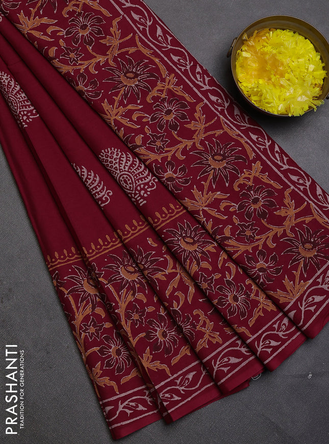 Cotton block printed saree maroon with butta prints and printed border