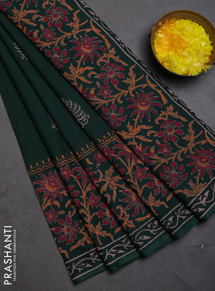 Cotton block printed saree bottle green with butta prints and printed border