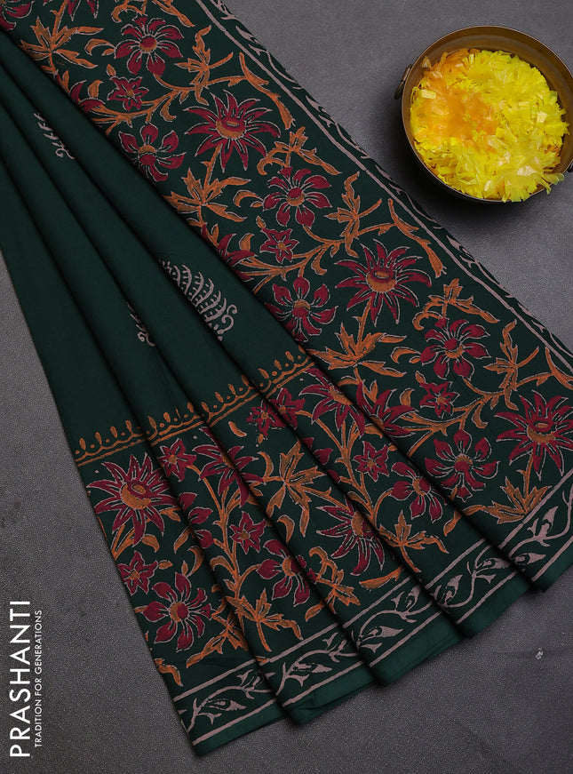 Cotton block printed saree bottle green with butta prints and printed border