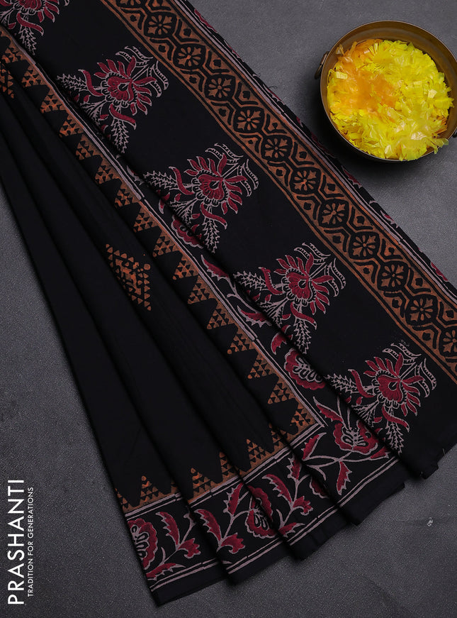 Cotton block printed saree black with butta prints and printed border