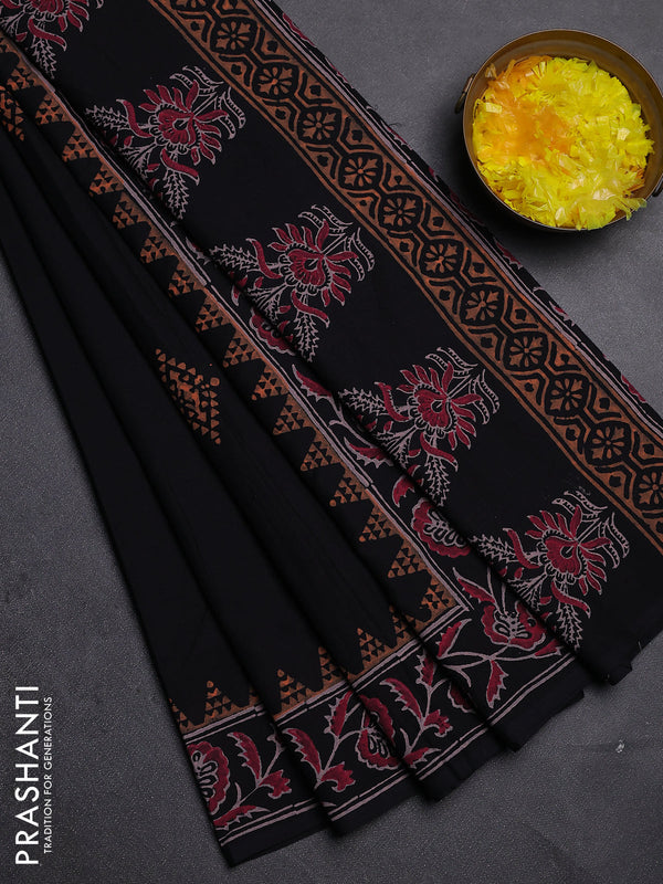 Cotton block printed saree black with butta prints and printed border