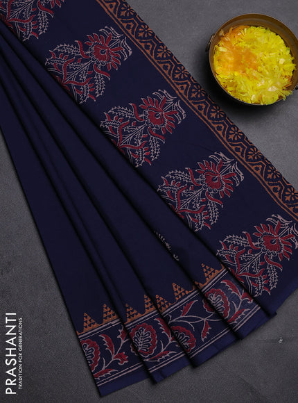 Cotton block printed saree navy blue with butta prints and printed border