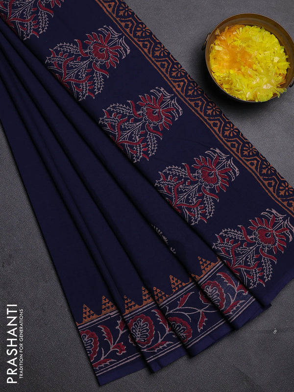 Cotton block printed saree navy blue with butta prints and printed border
