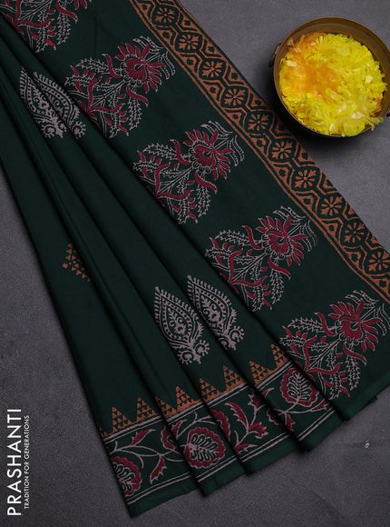 Cotton block printed saree bottle green with butta prints and printed border