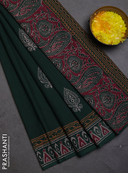 Cotton block printed saree bottle green with butta prints and printed border