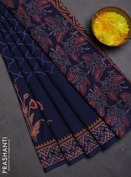 Cotton block printed saree blue with allover prints and printed border