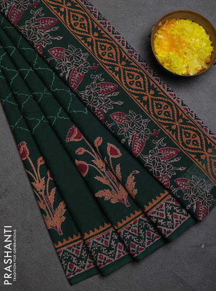 Cotton block printed saree green with allover prints and printed border