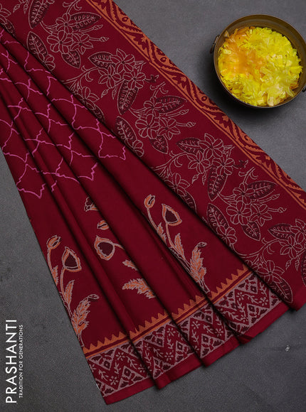 Cotton block printed saree maroon with allover prints and printed border