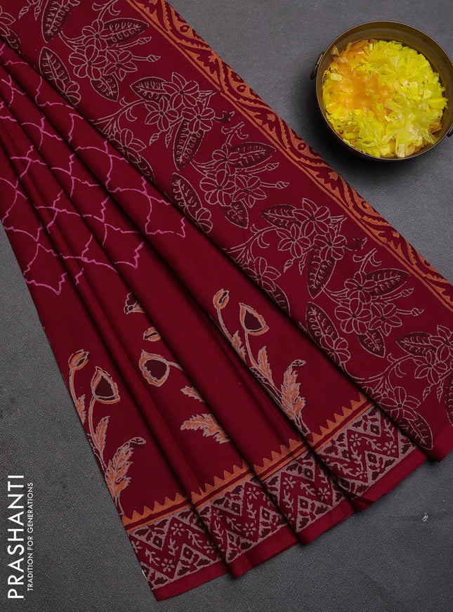 Cotton block printed saree maroon with allover prints and printed border