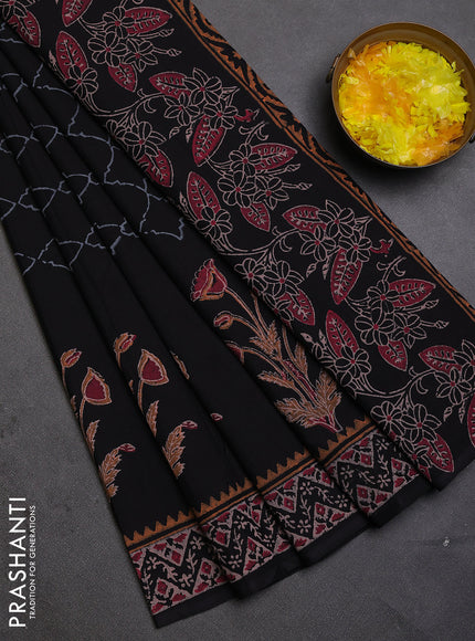 Cotton block printed saree black with allover prints and printed border