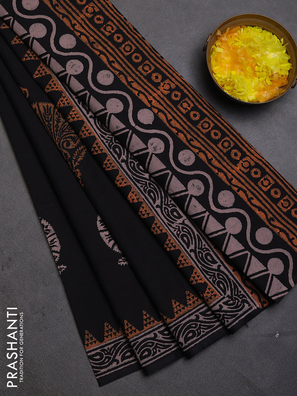 Cotton block printed saree black with butta prints and printed border