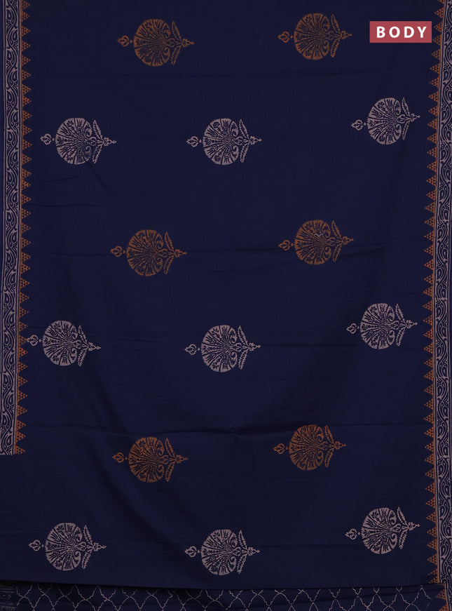 Cotton block printed saree navy blue with butta prints and printed border