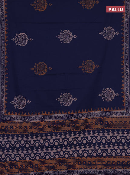 Cotton block printed saree navy blue with butta prints and printed border