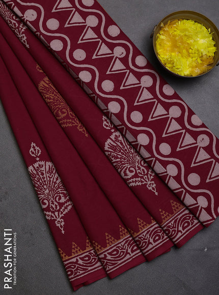 Cotton block printed saree maroon with butta prints and printed border