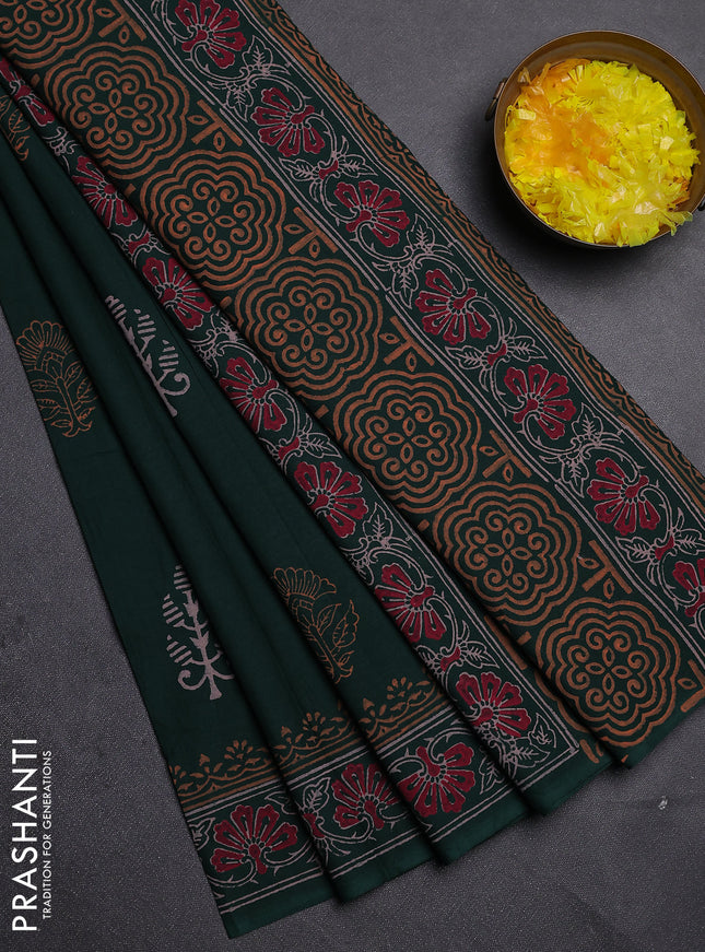 Cotton block printed saree green with butta prints and printed border