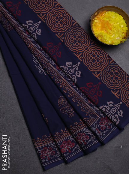 Cotton block printed saree navy blue with butta prints and printed border