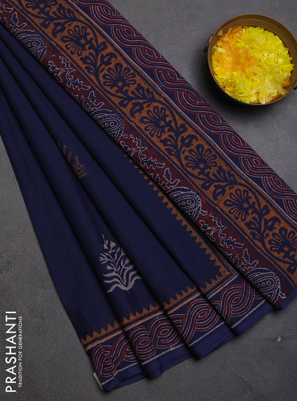 Cotton block printed saree navy blue with butta prints and printed border