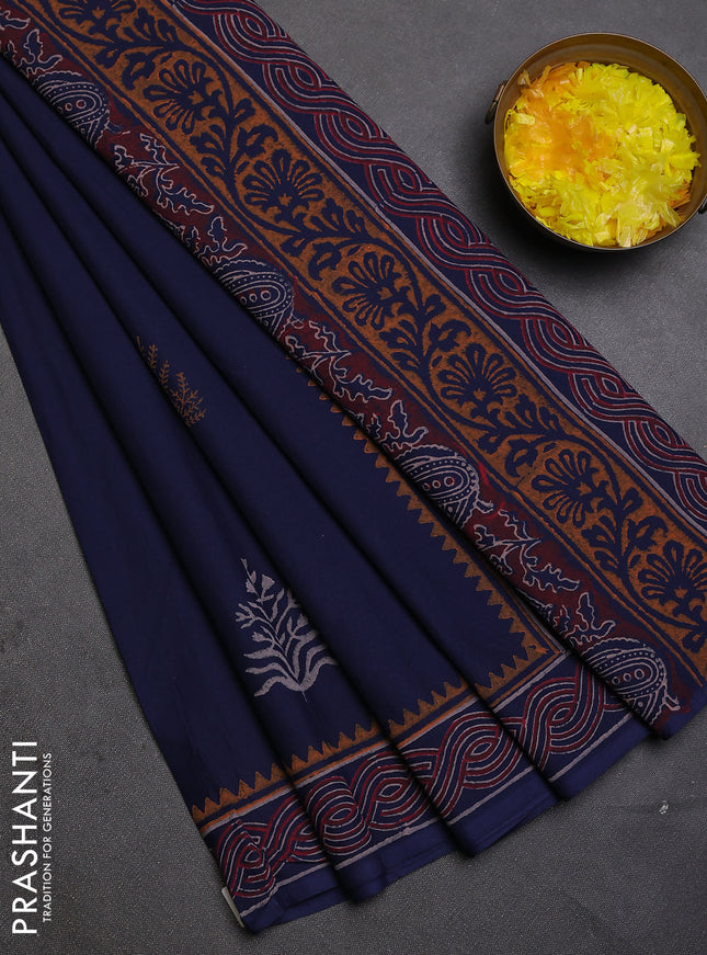 Cotton block printed saree navy blue with butta prints and printed border