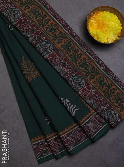 Cotton block printed saree bottle green with butta prints and printed border
