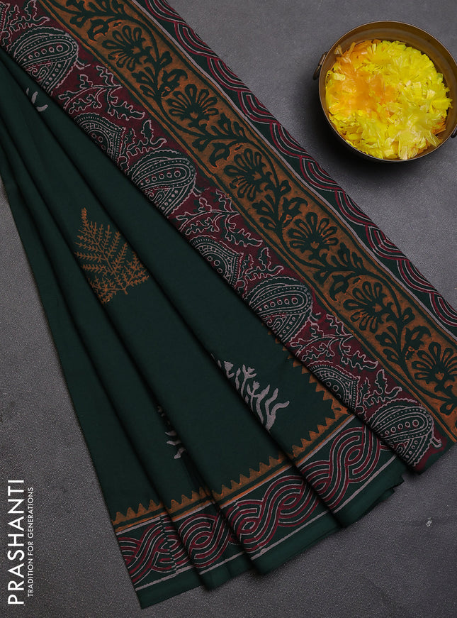 Cotton block printed saree bottle green with butta prints and printed border