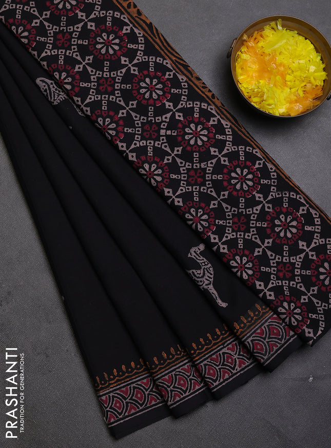 Cotton block printed saree black with butta prints and printed border