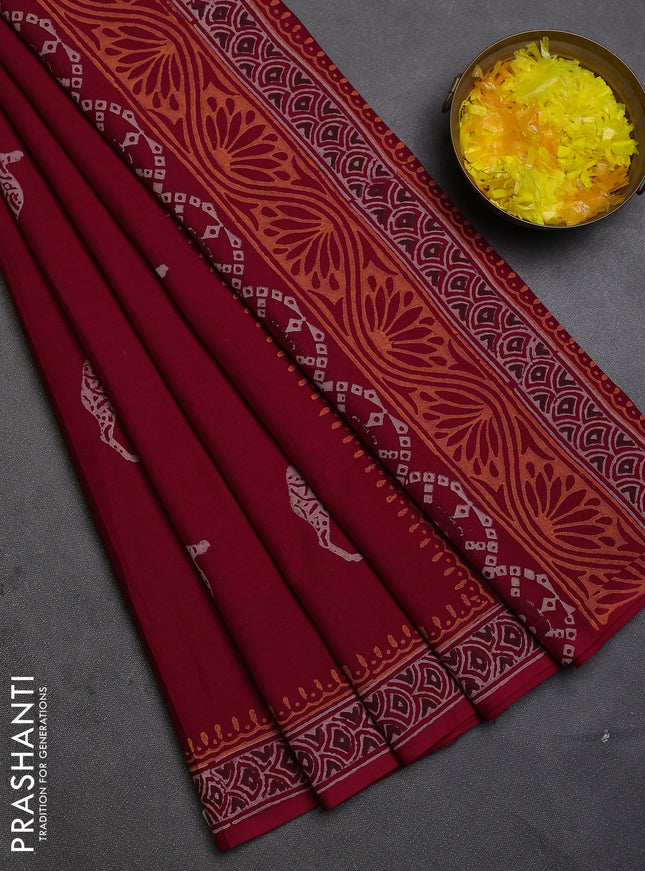 Cotton block printed saree maroon with butta prints and printed border