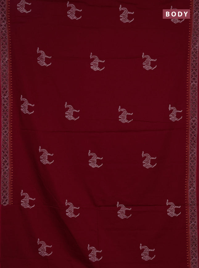 Cotton block printed saree maroon with butta prints and printed border