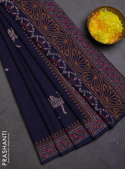 Cotton block printed saree navy blue with butta prints and printed border