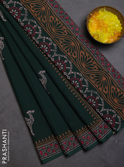 Cotton block printed saree bottle green with butta prints and printed border