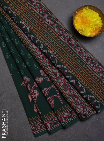 Cotton block printed saree bottle green with allover butta prints and printed border