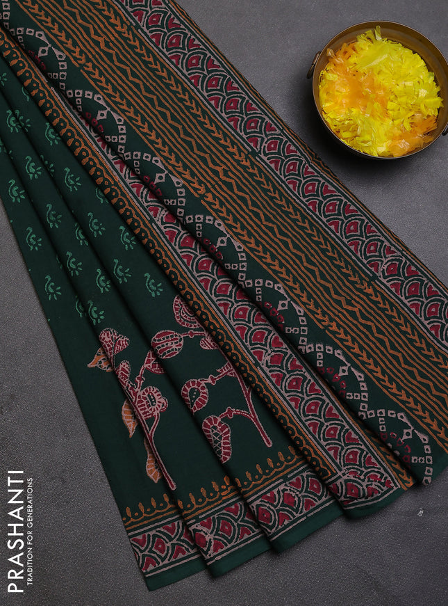 Cotton block printed saree bottle green with allover butta prints and printed border