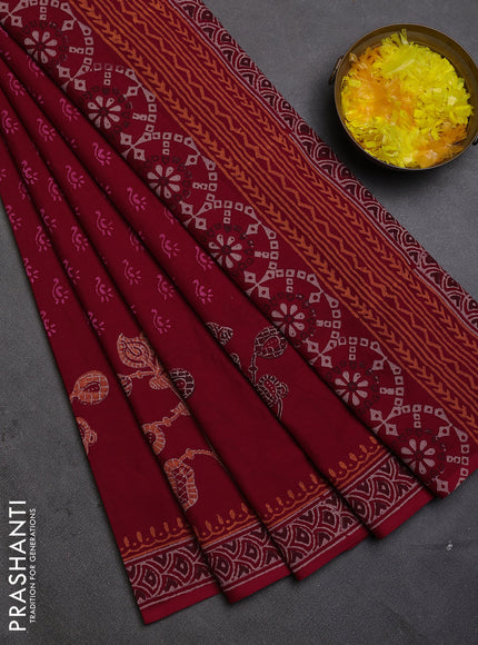 Cotton block printed saree maroon with allover butta prints and printed border