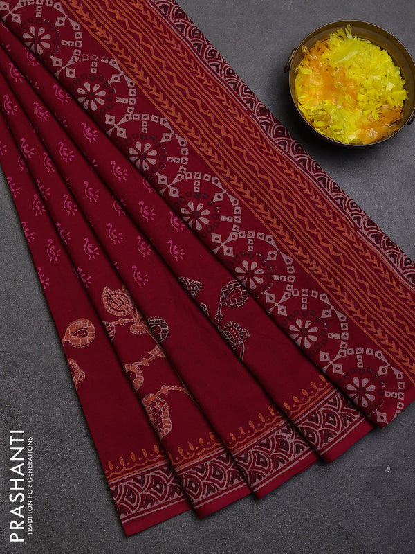 Cotton block printed saree maroon with allover butta prints and printed border